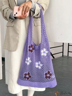 BirdinBag - Chic Floral Crochet Shoulder Bag ÃÂ¢ÃÂÃÂ Ideal for Shopping, Dating, and Back to School Purple Crochet Bag For Everyday Spring Use, Purple Crochet Bag For Spring, Purple Tote Shoulder Bag For Spring, Purple Tote Bag For Spring, Spring Purple Tote Bag, Vacation Bag, Crochet Shoulder Bag, Floral Crochet, Crochet Bags