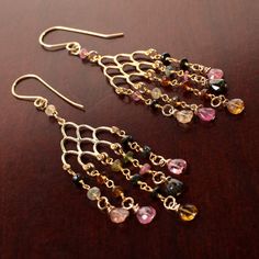 Watermelon Tourmaline Chandelier Earrings, Wire Wrapped Dangling Heart Briolette in Gold Vermeil, Gold Over Sterling Silver Earwire, Boho Gold Rosary, Earrings Wire, Aqua Chalcedony, Keshi Pearls, Blue Quartz, Watermelon Tourmaline, Valentines Gifts For Her, Matching Necklaces, Jewelry Making Supplies