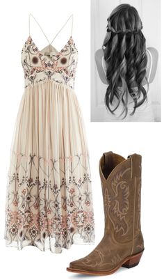 This is a great look, LOVE that sun dress! I would change the boots for a nice sandal. Wedding Dresses With Boots, Vetement Hippie Chic, Country Girl Outfits, Vestidos Country, Dresses With Boots, Dress And Cowboy Boots, Country Style Wedding Dresses, Bohemian Schick, Country Style Wedding