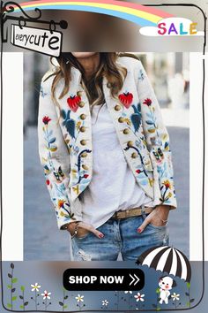 Fashionable Commuter Cardigan Printed Jacket Top Casual Blazer With Stand Collar For Spring, Casual Stand Collar Blazer For Spring, Casual Spring Blazer With Stand Collar, White Outerwear With Button Closure For Fall, White Button Closure Outerwear For Fall, White Outerwear With Buttons For Fall, White Buttoned Outerwear For Fall, White Stand Collar Outerwear For Spring, Spring Blazer With Stand Collar And Pockets