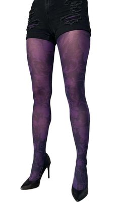 Purple Floral Patterned Tights | Malka Chic Purple Stretch Hosiery For Party, Stretch Purple Hosiery For Party, Purple Party Hosiery, Purple Tight Tights For Party, Purple Thigh-high Tights For Party, Purple Thigh-high Party Tights, Purple Thigh High Party Tights, Purple Thigh High Tights For Party, Tight Purple Tights For Party