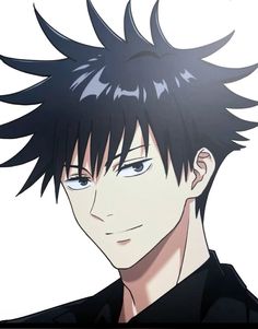 an anime character with black hair and blue eyes looks at the camera while wearing a black shirt