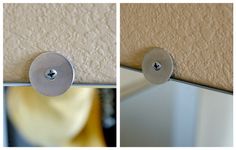 two pictures of the same metal object in front of a mirror, one with a button on it