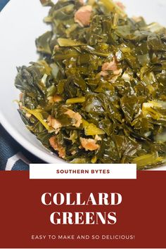 collard greens on a white plate with text overlay