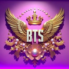 the logo for bt's is shown on a purple background with gold wings and pearls