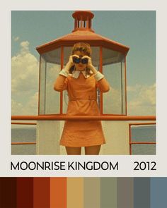 a woman in an orange dress is looking through binoculars at the sky and clouds behind her