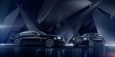 two black rolls royces parked in front of an abstract wall with lights on it