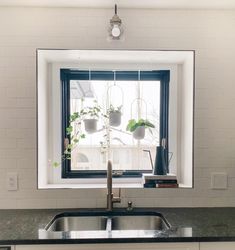 a kitchen sink under a window with potted plants in the window sill next to it