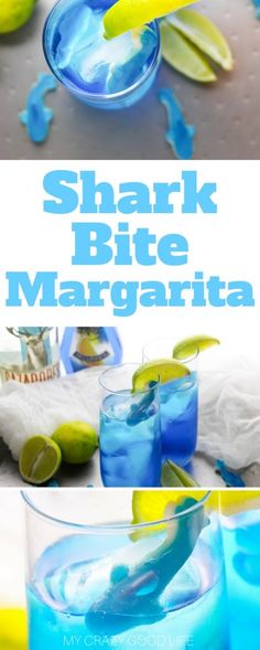 the shark bite margarita is ready to be served with limes and blue cucumber