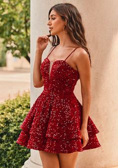 A-line V Neck Short/Mini Velvet Sequins Homecoming Dress with Ruffles S8092H - Homecoming Dresses - Stacees Fitted Tiered Homecoming Dress, Fitted Tiered Dress For Homecoming, Red Hoco Dress Short, Sparkly Hoco Dress, Hoco Dress Short, Snowball Dresses, Red Hoco Dresses, Red Hoco Dress, Long Sleeve Homecoming Dress