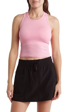 A cropped racerback tank is ribbed with extra support from a built-in bra. 18" length (size S) Scoop neck Sleeveless Racerback Ribbed Cropped Built-in bra 100% nylon Machine wash, tumble dry Imported Model stats: 5'10" height, 32" bust, 25" waist, 36" hip. Model is wearing size S. Racerback Tank, Nordstrom Rack, Scoop Neck, Built In, Nordstrom, Bra, Pink, How To Wear