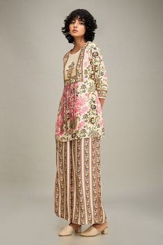 Beige chanderi kurta with floral print and sequins hand embroidery. Comes with palazzo. - Aza Fashions Traditional Drape Palazzo Set With Printed Motifs For Reception, Reception Palazzo Set With Traditional Drape And Printed Motifs, Traditional Wear With Printed Motifs For Navratri Reception, Navratri Traditional Wear With Printed Motifs For Reception, Traditional Wear With Printed Motifs For Reception, Traditional Set With Printed Motifs For Reception, Reception Traditional Wear With Printed Motifs, Designer Multicolor Block Print Sets, Bohemian Wedding Choli With Block Print