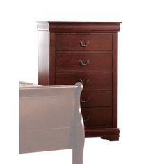 a wooden bed with a white headboard next to a brown dresser and night stand