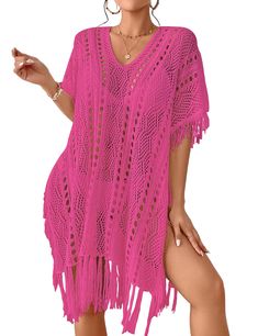 PRICES MAY VARY. One Size: Stylish crochet cover ups for women, fits US size S, M, L, XL Bust: 58" Length: 30"(Excluding tassel) Soft Material: Made from a skin-friendly and lightweight knit fabric, this crochet swim cover up is perfect for hot summer days at the beach or pool Stylish Details: The knit cover up features v neck and a flowing silhouette with tassel sleeves and hem, making it a chic and exquisite addition to your swimwear collection Easy to Wear: With its side split and loose fit d Hollow Out V-neck Beach Cover-up, V-neck Crochet Dress For Beach Season, Beachwear Crochet Dress With V-neck For Poolside, V-neck Crochet Beachwear Dress For Poolside, V-neck Crochet Dress For Poolside, Poolside V-neck Crochet Dress For Beach Season, V-neck Crochet Dress For Beach Cover-up, V-neck Crochet Dress For Beach, V-neck Crochet Dress For The Beach