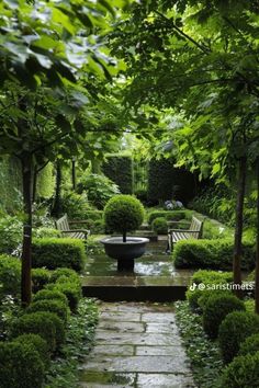 a garden with benches and trees in it