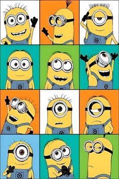 many different pictures of minion characters with their eyes open and hands in the air