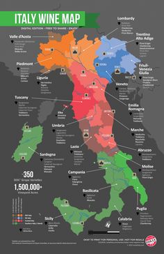 the wine regions in italy are shown with their names and numbers on it's map