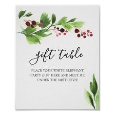 a white card with the words gift table on it, and red berries hanging from the branches