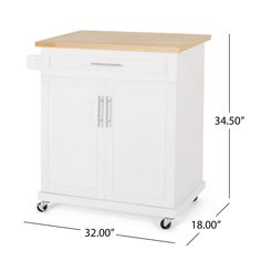 a white kitchen cart with a wooden top and two doors on the bottom, measurements