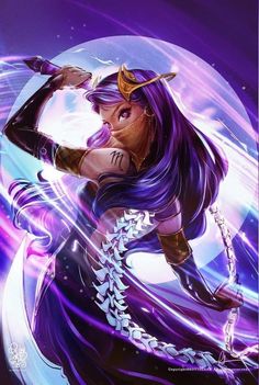 an anime character with purple hair and tattoos on her body, standing in front of a full moon