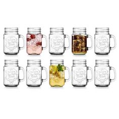 six mason jars filled with different types of drinks