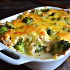 a casserole dish with broccoli and cheese