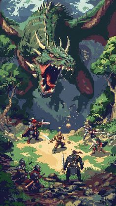 an image of a video game scene with monsters and people in the woods, surrounded by trees