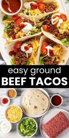 the easy ground beef tacos are ready to be eaten with sauces and lettuce