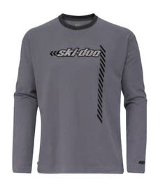 a grey shirt with the word skidon written on it and black trimmings