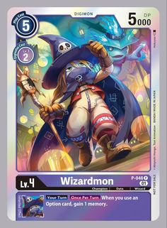 a card with an image of a wizard holding a wand and wearing a witches hat