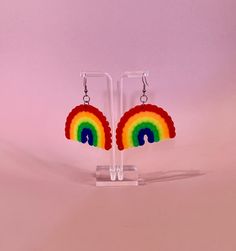 Rainbow perler bead earrings Fun Rainbow Earrings, Fun Rainbow Drop Earrings, Rainbow Drop Earrings For Pierced Ears, Rainbow Dangle Earrings For Pierced Ears, Rainbow Drop Earrings With Ear Wire, Fun Rainbow Beaded Earrings, Rainbow Dangle Earrings With Ear Wire, Rainbow Colored Beaded Drop Earrings For Gift, Rainbow Beaded Drop Earrings For Gift