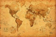 an old world map with the countries in sepia and black frame on a wall