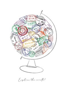 a drawing of a globe with stamps all over it