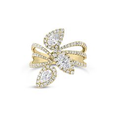 Featuring pear and marquise-shaped diamonds enlivened by numerous rounds, this elegant cocktail ring is like a work of art for your finger.- 18K gold weighing 6.24 grams - 117 round diamonds totaling 0.72 carats - 2 pear-shaped diamonds totaling 0.46 carats - 0.28 ct marquise-shaped diamonds Available in yellow, white, and rose gold. Please allow 4-6 weeks for delivery if item is not in stock. Item no. R16359 Pear Shape Earrings, Unique Diamond Earrings, Diamond Engagement Rings Cushion, Cushion Halo Engagement Ring, Gold Pinky Ring, Diamond Bar Necklace, Marquise Shape Diamond, Round Halo Engagement Rings, Statement Rings Diamond