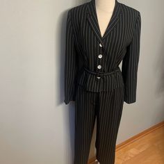 Jacket Is Fully Lined 4 Button Front With Belt. Shoulder To Shoulder 15.5” Pit To Pit 19” Belt Is Adjustable. Length Center Back Is 22” Pants Zipper Front With Button Closure Have Pockets Waist 14” Lying Flat Hip 21” And Inseam 30” Rise Front 13” Leg Opening 8.75” Lbr Classic Pinstripe Wide-leg Dress Pants, Luxury Pinstripe High-waisted Pants, Luxury High-waisted Pinstripe Pants, Double-breasted Pinstripe Suit With Double Button Closure, Luxury Pinstripe Wide-leg Bottoms, Guy Laroche, Pinstripe Suit, Front Zipper, Pant Jumpsuit