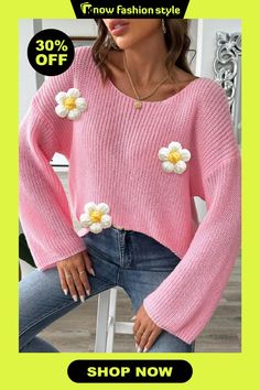 knowfashionstyle Flowers Deceor Long Sleeves O Neck Vacation Sweater Tops Non-stretch Trendy Sweater For Spring, Non-stretch Trendy Spring Sweater, Trendy Non-stretch Sweater For Spring, Trendy Acrylic Sweater For Spring, Pink Sweater For Spring, Oversized Acrylic Sweater For Spring, Oversized Spring Sweater, Spring Acrylic Sweater, Sweater Tops