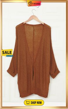 Brown Knit Cardigan Brown V-neck Summer Cardigan, Summer Knitted V-neck Outerwear, Trendy V-neck One Size Cardigan, Brown Long Sleeve Cardigan, Trendy V-neck One-size Cardigan, Trendy V-neck Cardigan One Size, Brown Long Sleeve Solid Cardigan, Chic Brown Open Front Sweater, Brown Solid Color Cardigan For Fall