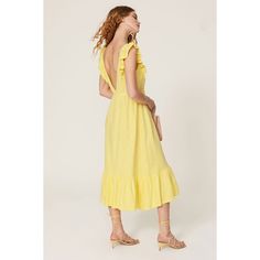 Yellow cotton (100% Cotton). Hourglass. Flutter sleeves. Square neckline. Chic Cotton Midi Dress With Ruffle Hem, Spring Cotton Sundress With Ruffled Straps, Beach Cotton Midi Dress With Ruffle Hem, Summer Cotton Midi Dress With Ruffle Hem, Chic Cotton Midi Dress With Ruffles, Cotton Midi Dress With Ruffles, Cotton Midi Dress With Ruffles For Day Out, Cotton Midi Dress With Ruffle Hem For Daywear, Spring Cotton Midi Dress With Ruffled Straps