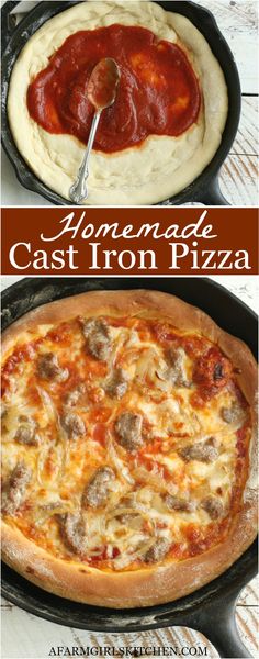 homemade cast iron pizza with sausage and cheese