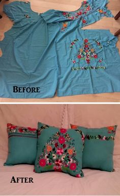 the before and after pictures show how to sew an embroidered dress on a bed