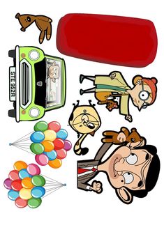 an assortment of stickers including a microwave and balloons