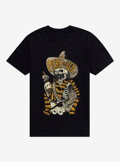 a black t - shirt with a skeleton wearing a sombrero and holding a guitar