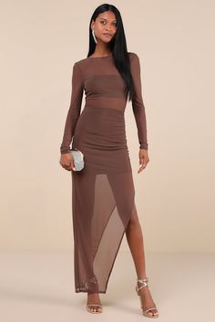 Alluring Silhouette Dark Brown Sheer Mesh Backless Maxi Dress Fall Formal Dresses, Backless Long Sleeve, Long Sleeve Mesh Dress, Sheer Clothing, Casual Formal Dresses, Backless Maxi Dress, Brown Dresses, Best Winter Outfits, Maxi Dresses Fall