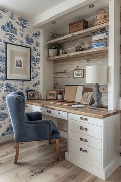 a chair sits in front of a desk with an open bookcase and shelves on the wall