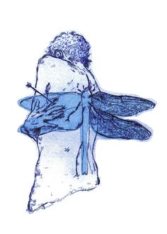 a drawing of a man with wings on his back, sitting in front of a white background