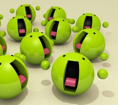 a group of green balls with mouths open