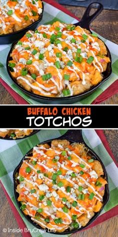 buffalo chicken tostadas in a cast iron skillet on a green and white checkered tablecloth