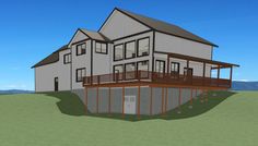 a 3d rendering of a two story house with balconies on the second floor