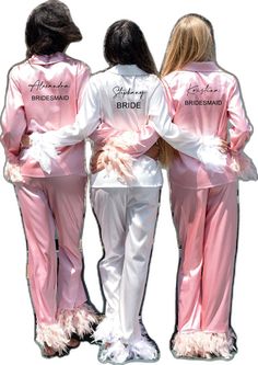 Pink Satin Home Sets, White Satin Pajama Party Sets, White Long Sleeve Satin Set, White Satin Long Sleeve Set, Long Sleeve Sets For Bridesmaids, Feather Pajamas, Bride Pajamas, Bride Pajama, Bridesmaid Pyjamas