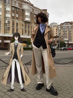 a man in a trench coat standing next to another man wearing a suit and tie